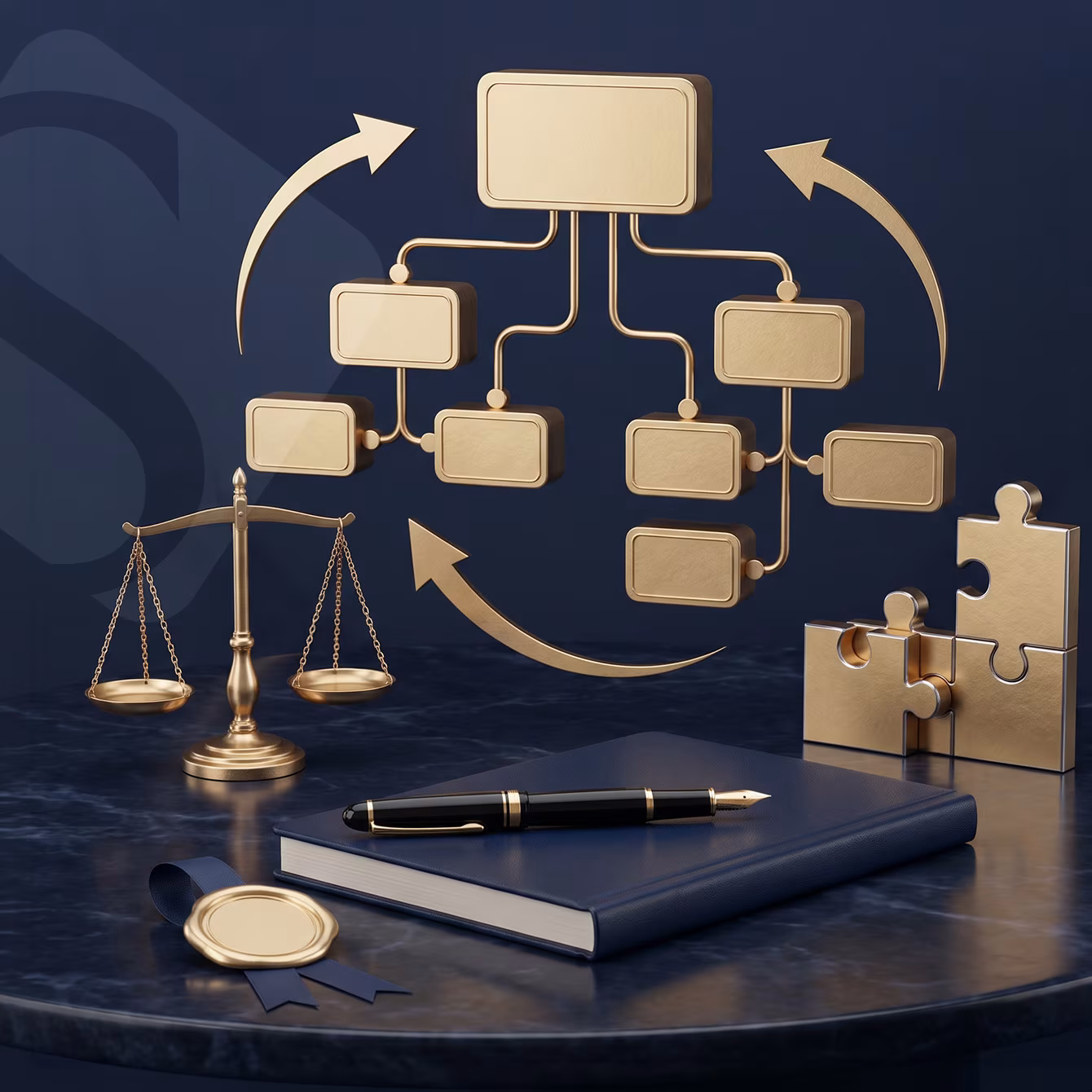Symbolbild für Umstrukturierung und Spezialfälle: goldenes Organigramm mit Pfeilen, Waage, ineinandergreifende Puzzleteile und Füllfederhalter auf dunkelblauem Hintergrund